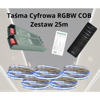 Zestaw 25mb Taśma LED COB RGBW Zimna Cyfrowa DIGITAL Magic 784ch/m 24V 20W/m IP20, Pilot C9, Sterownik SPIW5